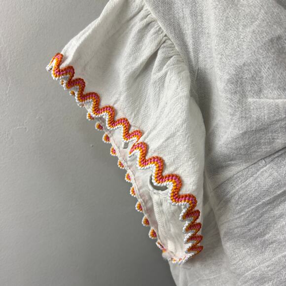 Line And Dot White Orange Top Linen Knotted Front Ruffle Sleeve Size Large L NEW - Picture 3 of 11